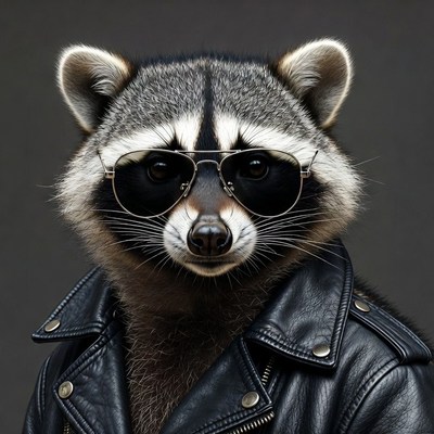 Raccoon wearing sunglasses and leather jacket