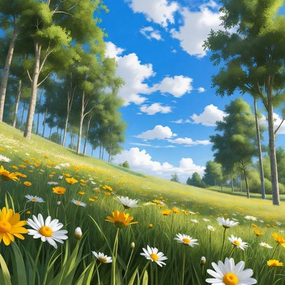 Flower Field with Trees and Blue Sky