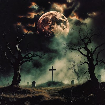 Blood Moon Over Cemetery Cross