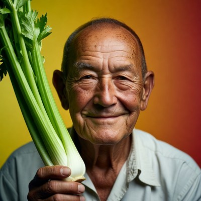 Elderly man holding celery