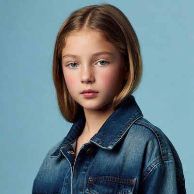 Girl in denim jacket on blue background