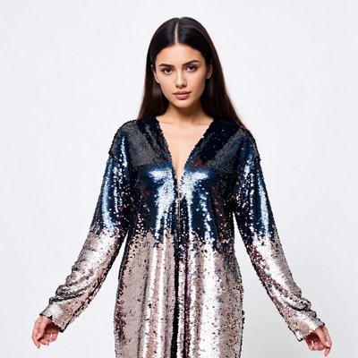 Woman in shimmering gradient sequin dress