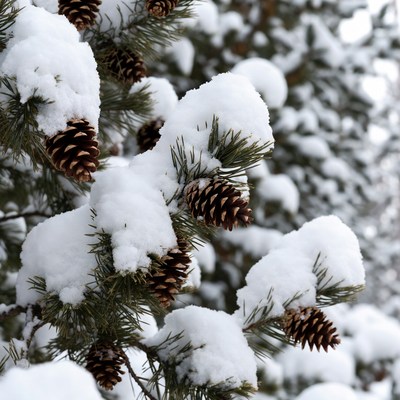 Snowy pine branches with cones