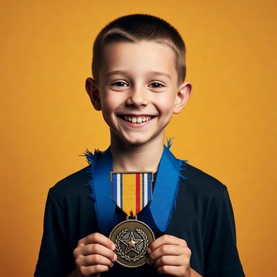Boy holding gold medal