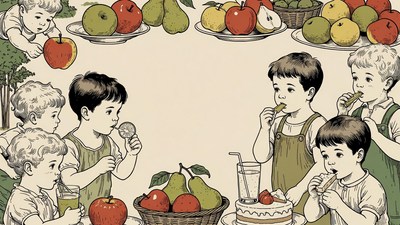 Boys eating fruit at table illustration