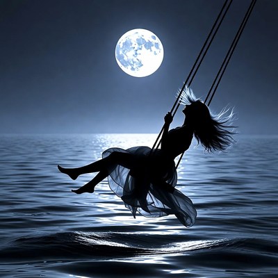 Silhouette woman swinging over moonlit sea