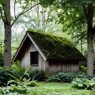 Mossy Roof Wooden Cabin in Forest