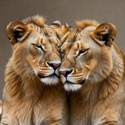 Two lions nuzzling faces together