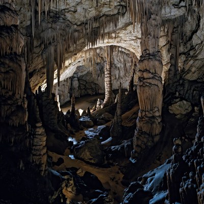 Stalactites in Illuminated Cave
