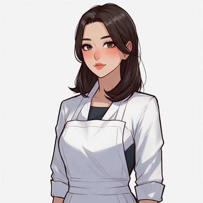Asian woman wearing white apron