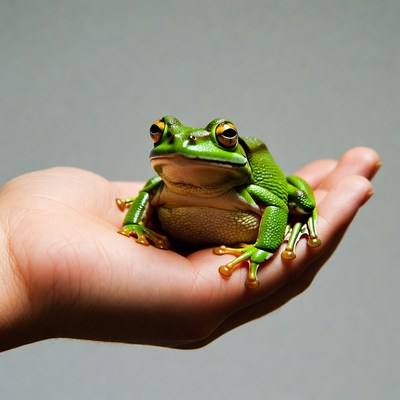Green tree frog in hand