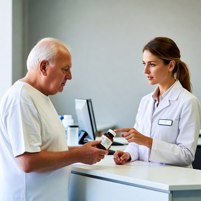 Elderly man discussing medicine with female pharmacist