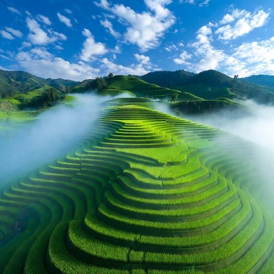 Mist-Shrouded Green Rice Terraces