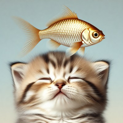 Kitten with Goldfish Above Head