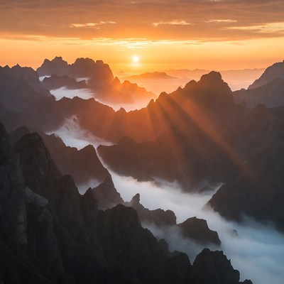 Sunrise over Jagged Mountains and Clouds
