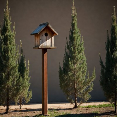 Wooden birdhouse on pole with pine trees