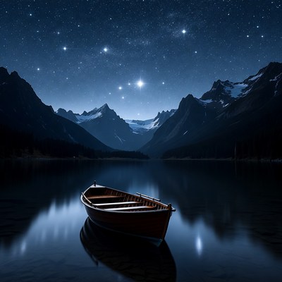 Rowboat on lake under starry mountains