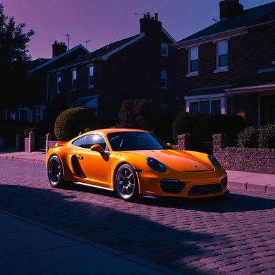 Orange Porsche Parked on Cobblestone Street