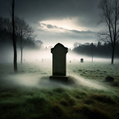 Foggy Cemetery with Tombstone