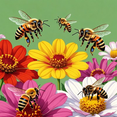 Bees Flying Around Colorful Flowers