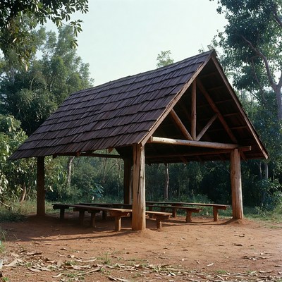 Wooden pavilion in tropical forest
