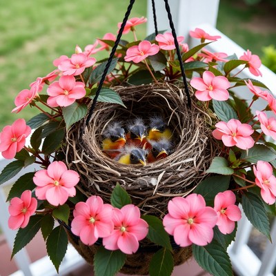 Baby Robins Nest in Pink Hanging Basket