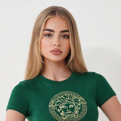 Blonde woman in Versace green t-shirt