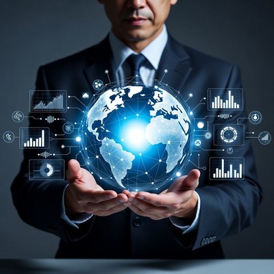 Businessman holding digital globe