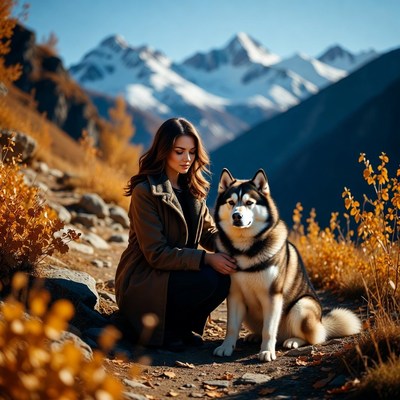 Woman kneeling with Husky in mountains