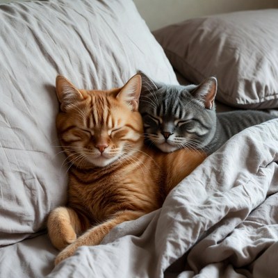 Orange and Gray Cats Cuddling on Bed