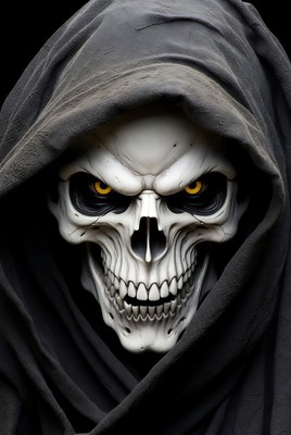 Skull in Hood with Glowing Yellow Eyes