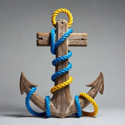 Wooden Anchor Wrapped in Blue Yellow Ropes