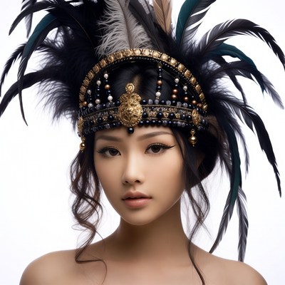 Asian woman in ornate feather headdress