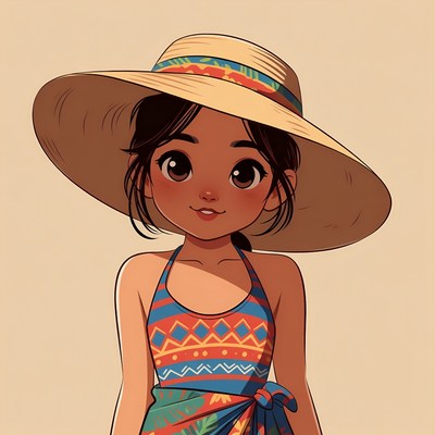 Girl in straw hat and swimsuit