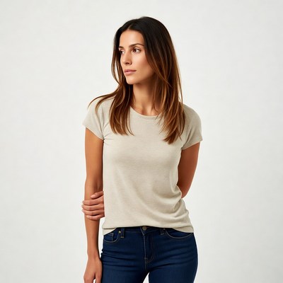Woman in beige t-shirt and jeans