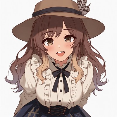 Anime girl in feathered hat smiling