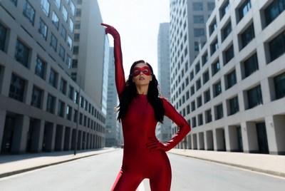 Woman in red catsuit posing urban street