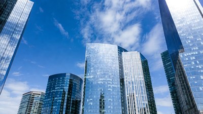 Modern Glass Skyscrapers Blue Sky