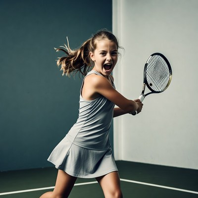 Girl swinging tennis racket excitedly