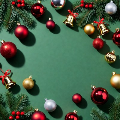 Christmas Ornaments on Green Background