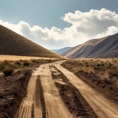 Dirt road through golden hills