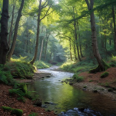 Sunlit Forest Path with Stream