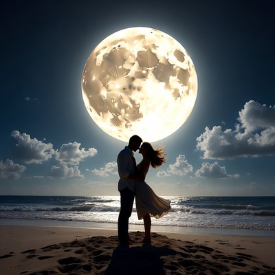 Couple embracing in front of giant moon