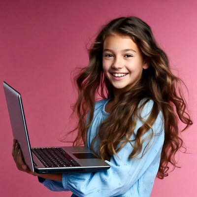 Girl holding laptop smiling