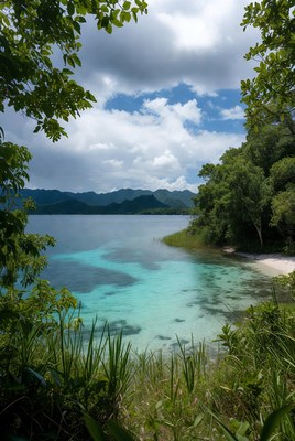 Turquoise Lagoon with Mountains and Greenery
