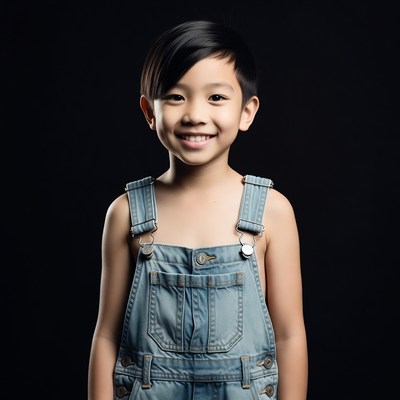 Asian boy smiling in denim overalls
