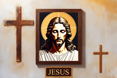 Framed Jesus Portrait with Crosses