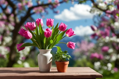 Pink tulips in vase with cherry blossoms