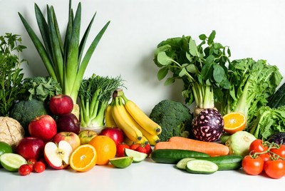Fresh vegetables and fruits on white background