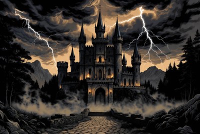 Dark Castle in Stormy Mountains